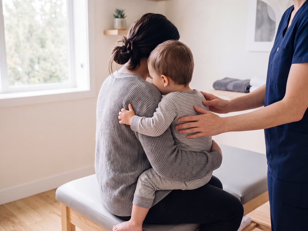 Pediatric Chiropractic in Waterloo: a practitioner’s hands on the back of a baby held by a parent